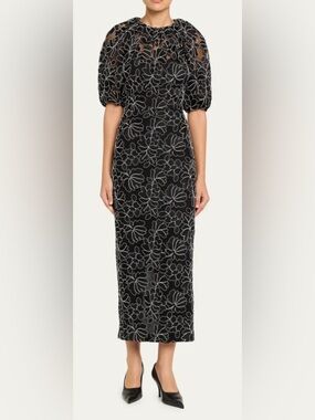 LELA ROSE Floral Lace Puff-Sleeve Midi Sheath Dress